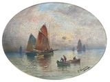 a painting of boats in the water with people on them