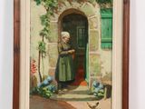 an old painting of a woman standing in front of a door