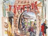 a watercolor painting of a street market with people