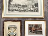 trois reproductions encadrées représentant une vue d'un palais et d'un parc