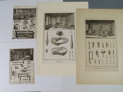 several old black and white pictures of various objects displayed on a table