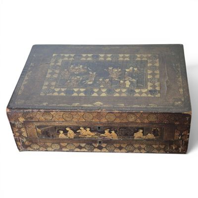 an old wooden box with a decorative design on it
