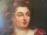 painting of a woman in a brown dress with a red bow