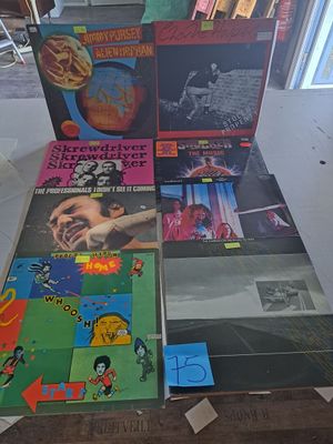beaucoup de disques vinyles posés sur la table dans la pièce