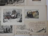 several old postcards with pictures of buildings and people in the snow