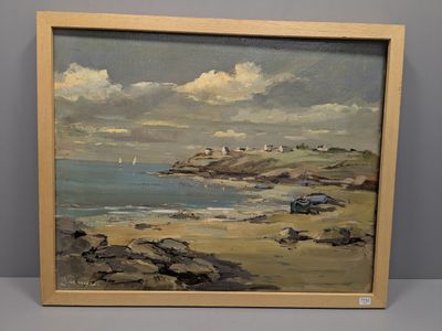 une image d'une peinture représentant une scène de plage avec un bateau dans l'eau