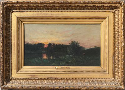 a painting of a sunset over a lake with trees in the background
