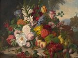 an image of a painting of flowers and fruit on a table