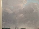 a painting of boats in the water on a cloudy day