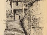 dessin d'un vieux bâtiment avec un escalier qui y mène