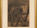 dessin représentant un singe dans une cage, encadré et accroché au mur