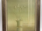 tableau représentant un vase contenant des fleurs, posé sur un chevalet en bois