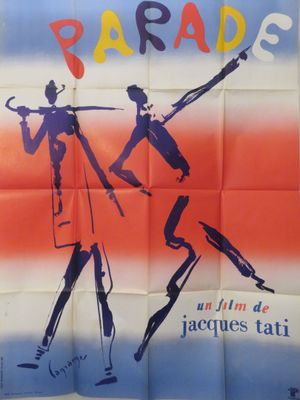 une vieille affiche de cinéma représentant un homme et une femme jouant du trombone