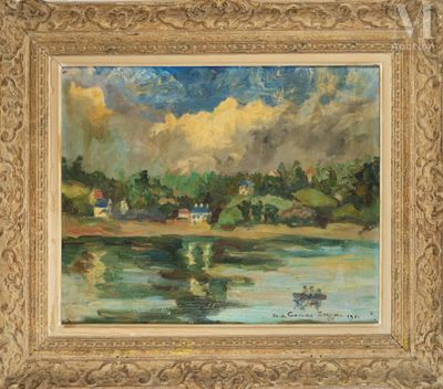 une peinture d'un paysage avec une rivière au premier plan