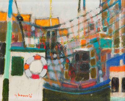 une peinture représentant un bateau sur l'eau avec un gilet de sauvetage à bord