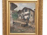 an image of a painting of a village scene with a horse pulling a cart