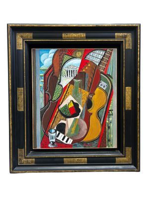 une image représentant une peinture d'une guitare et d'une tasse de café