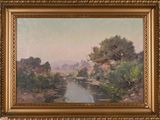 an image of a painting of a river with trees in the background