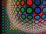 painting of a multicolored sphere with circles in a black frame