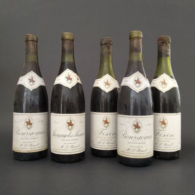 six bottles of wine are lined up in a row