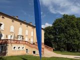 a large blue sculpture in the middle of a grassy area