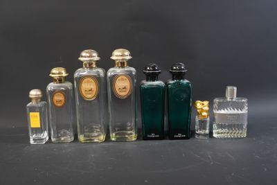 several bottles of perfume are lined up in a row on a table