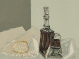 a painting of a bottle and a glass on a table