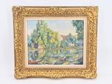 une peinture à l'huile représentant une scène fluviale avec des bateaux et des arbres