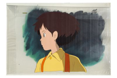 an image of a painting of a young boy in a yellow shirt and suspends