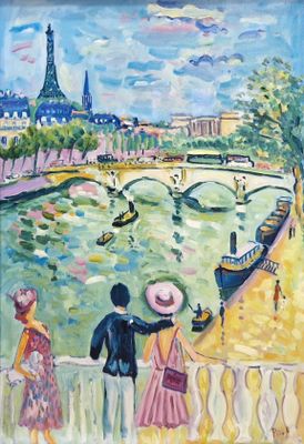 tableau représentant un couple admirant la tour Eiffel depuis un pont