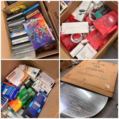 several pictures of a box filled with assorted items sitting on top of a table