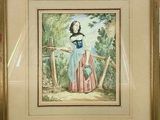 painting of a woman in a blue and pink dress standing in front of a wooden fence
