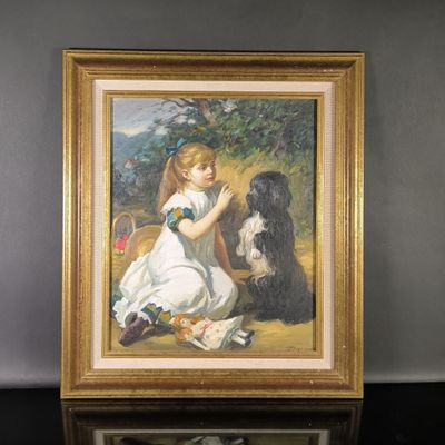 un tableau représentant une fillette et un chien posés sur une table