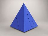 a blue triangular shaped object with holes in the middle