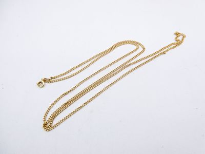 a gold necklace with a long chain on a white background