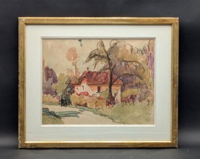 une image d'une photo d'un tableau représentant une maison dans un champ