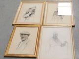 quatre dessins encadrés représentant un homme avec une pipe et un chapeau
