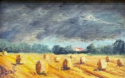 tableau représentant un champ avec des balles de foin et un oiseau volant dans le ciel