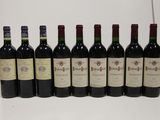 six bottles of red wine lined up in a row on a table