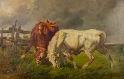 tableau représentant deux vaches paissant dans un champ, avec une clôture en arrière-plan