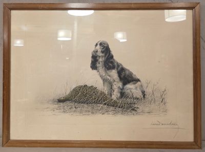 dessin représentant un chien assis dans l'herbe, dans un cadre en bois