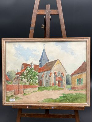 an oil painting of a church on an easel with a black background