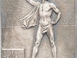 plaque of a man holding a branch of a tree in his right hand