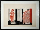 reproduction encadrée représentant trois nus dans une salle de bains avec une porte rouge