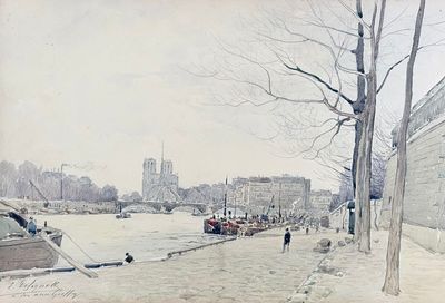 painting of a view of a river with boats on it and a city in the background