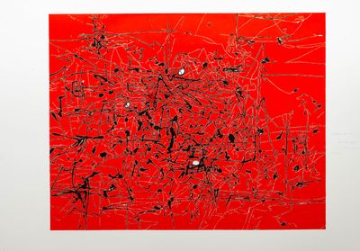 an image of a red painting with black and white lines on it