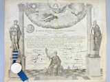 an old document with a blue ribbon and a medal