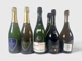 six bouteilles de vin sont alignées sur une surface blanche