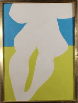 tableau représentant une femme en robe blanche sur un fond vert et bleu