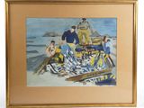 painting of a group of people on a beach with a boat in the background